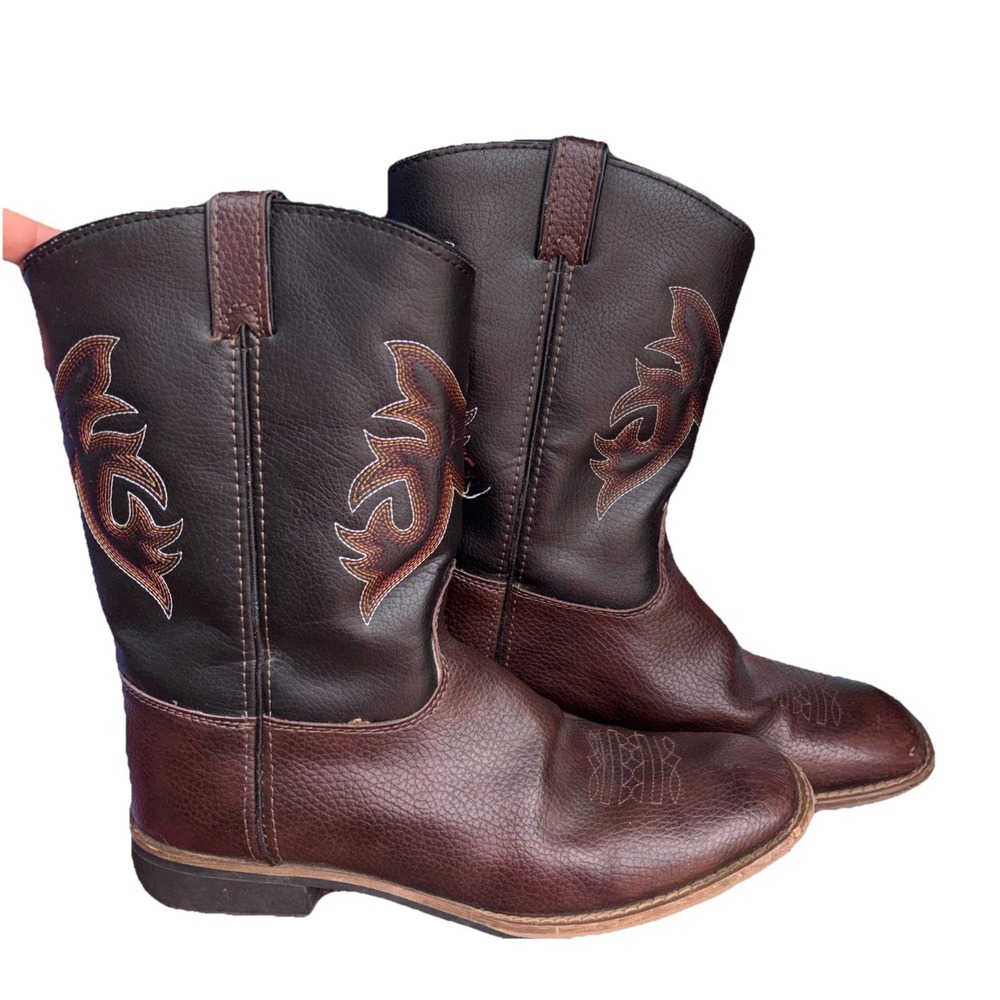 Austin Trading Company Boys Boots Size 5 Brown Square Toe Feather Pattern Cowboy - Picture 5 of 8